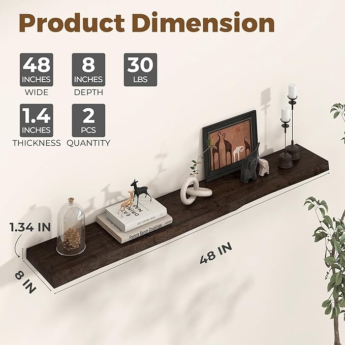 Axeman 48 inch Floating Shelves for Wall - 8'' D Live Edge Rustic Solid Elm Wood Floating Shelves Wall Mounted, Hanging Shelves with Invisible Bracket for Living Room Bedroom Kitchen, Walnut