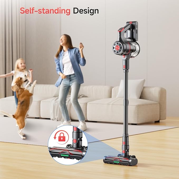 Cordless Vacuum Cleaner, 550W 45KPA Dual Motor Stick Vacuum for Home with 60mins Runtime, 6 LED Green Headlights, Self-Standing Design, V-Shaped Floor Brush for Carpet Tile Pet Hair Hardwood Floors