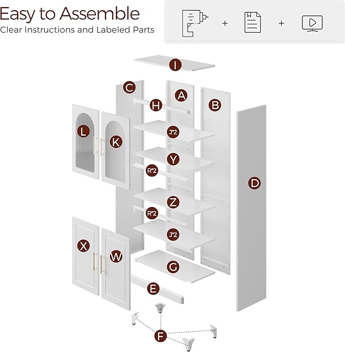 75" Tall Kitchen Pantry Cabinet, Metal Storage Cabinets with Acrylic Doors and Adjustable Shelves, Hutch Cabinet with Storage, White Microwave Stand Cabinets for Dining Living Room