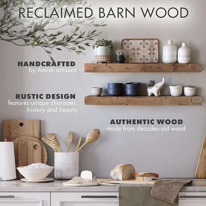 Urban Legacy Reclaimed Barnwood Planks | Floating Shelves for Wall w/Flush Mount Shelf Bracket Set Included | Set of 2 (Natural, 48" x 4.5" x 2")
