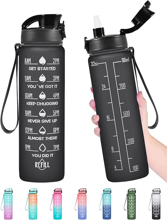 Enerbone Water Bottle, Leakproof BPA & Toxic Free, Motivational Water Bottle with Times to Drink and Straw, Fitness Sports Water Bottle with Strap for Office, Gym, Outdoor Sports