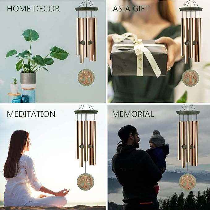 Gifts for Mom & Grandma - Outdoor Wind Chimes with Engraved Tree of Life, Large Patio Hanging Decor for Garden, Yard, Christmas, Anniversary Celebrations