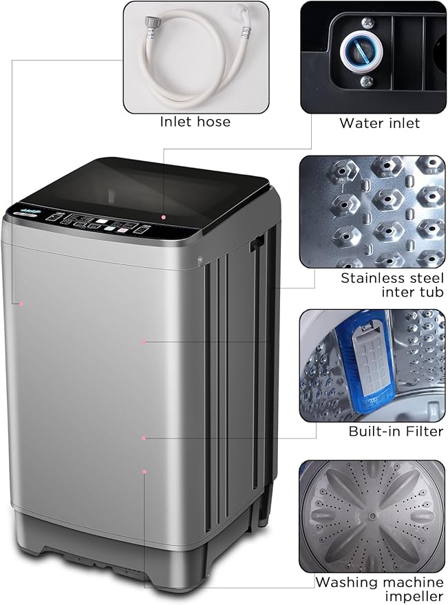 Full Automatic Washing Machine with LED Display, 25 lbs Portable Washer Drain Pump, 10 Programs & 8 Water Levels Selections, Ideal for RV, Camping, Apartment, Dorm, Dark Grey