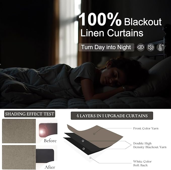 Brown Blackout Curtains 90 Inch Length Thick Linen Patio Drapes for Insulated Sliding Glass Doors Cute Curtains for Nursery Bedroom Aesthetic Modern Farmhouse Decor Back Tab 2 Panels Set 7.5 ft Long