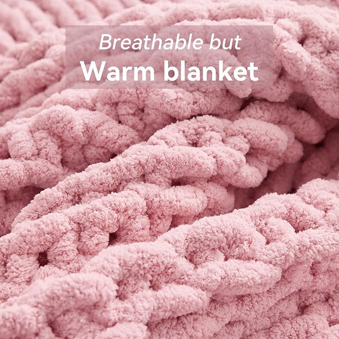 Chunky Knit Throw Blanket, 30''*40'' Knitted Throw Chenille Yarn for Bed Couch, Handmade Light Pink Crochet Big Thick Blanket, Machine Washable Cute Comfy Blanket for Home Decor
