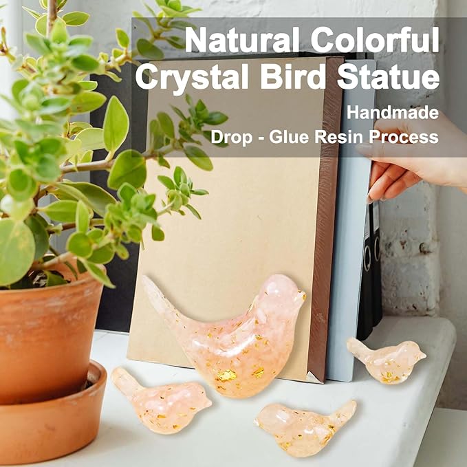 Crystal Bird Figurines, Resin Animal Statues, Miniature Decorative Gravel Birds, Home Decor (4PCS-RoseQuartz)