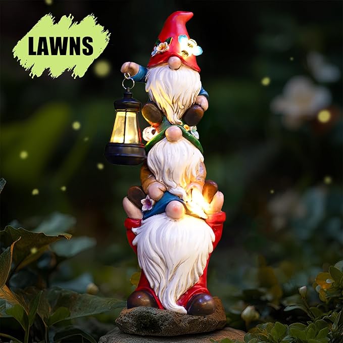 Garden Gnome Statue with Solar Lights Garden Sculptures Funny Triple Gnome Outdoor Patio Lawn Yard Balcony Garden Home Decor Birthday Gifts for Women Mom Grandma 12 in Fall Gnome