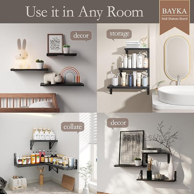 BAYKA Wall Shelves for Bedroom Decor, Floating Shelves for Wall Storage, Display Mounted Rustic Wood Shelf for Books,Plants,Corner Shelves for Bathroom,Kitchen,Living Room(Set of 4)