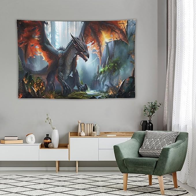 Dinosaur Tapestry Dragon Tapestries Fabric Wall Hanging Aesthetic Space Indoor Outdoor Wall Art Tablecloth Bedspread Decoration for Boy’s Bedroom Dormitory Living Room Home Decor 60"x90"