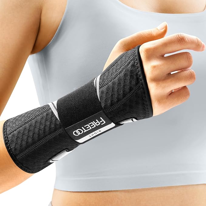 FREETOO Carpal Tunnel Wrist Brace Night Support Fit Right Hand for Work, Pain Relief Wrist Splint for Tendonitis, Arthritis, Sprain, Fit Women and Men, Wrist Immobilizer for Sleeping (S/M, Black/Grey)