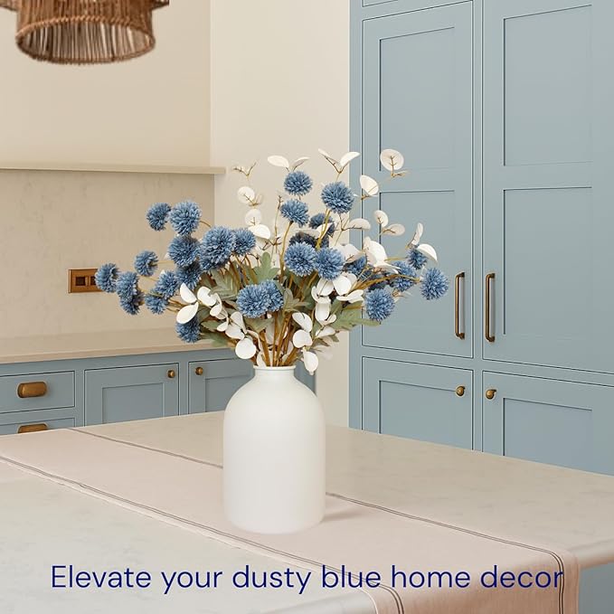 Faux Dusty Blue Flowers, Blue and White Floral Stems for Centerpieces, Fake Mums Artificial Flowers, Flores Azules Artificiales para Decoracion, Long Stems for Vases, DIY Silk Floral Arrangements
