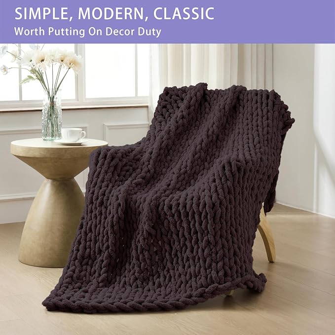 Bigacogo Chunky Knit Throw Blanket for Couch, 40x60 inches, 100% Hand Knitted with Thick Jumbo Chenille Yarn, Cozy Soft Large Rope Knot Cable Crochet Blankets for Sofa Bed Living Room, Chocolate
