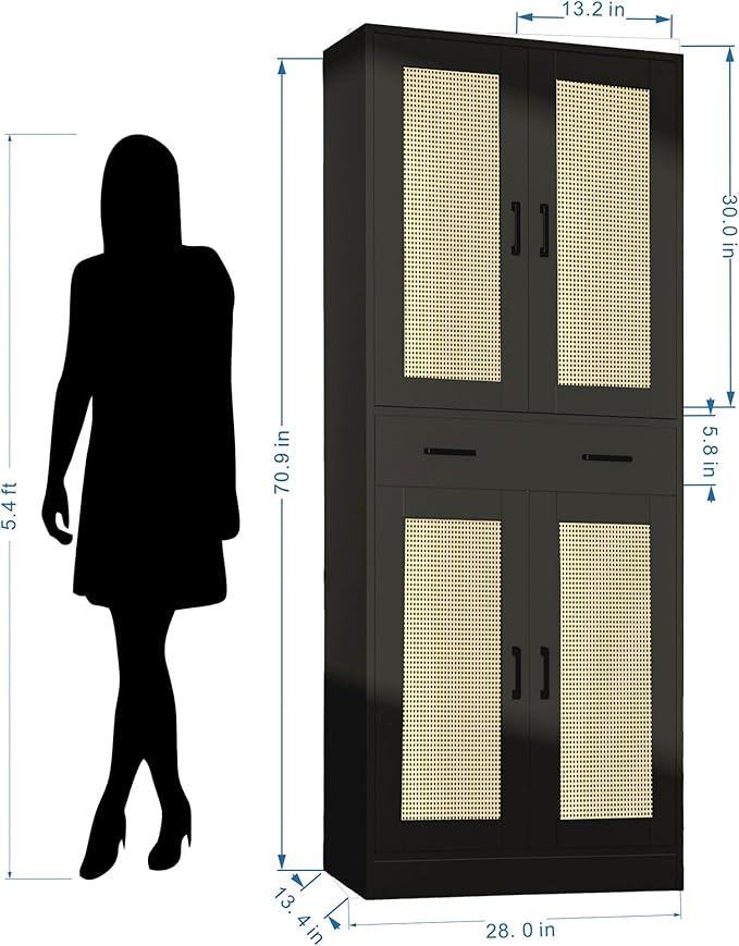 71" Tall Black & Rattan Pantry Cabinet - Boho Chic Kitchen Storage with Doors & Drawer for Dining Room, Hallway or Kitchen Organization