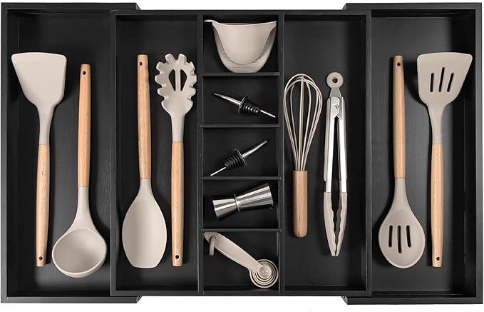 Adjustable Kitchen Drawer Organizer for Utensils and Junk, Food-Safe Contract Grade with 100% Sustainable Wood, Expandable from 16 to 28 Inches Wide - Black Bamboo