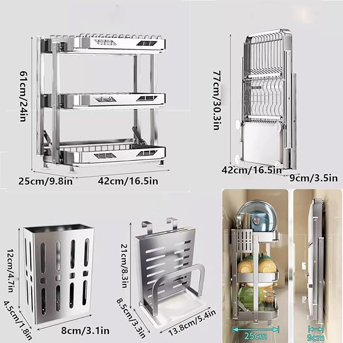 Dish Drying Rack with Drain Board - Rustproof Stainless Steel Dish Rack with Utensil Holder,Dish Racks for Kitchen Counter Over Sink,Over-Sink Drying Rack(Countertop,Third Floor)