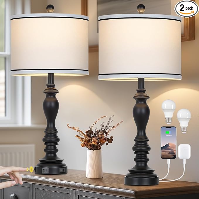 27.5" Farmhouse Table Lamp for Living Room, Black Lamps Set of 2 with USB A+C Ports, Mid Century Tall Table Lamp for Bedroom, Bedside Lamps for Night Stands(2 Bulbs Included)