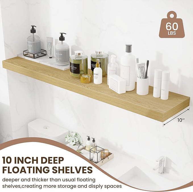 Fun Memories 55 Inch Fireplace Mentel Shelf, 10 Inch Deep Shelves for Display & Wall Storage, Rustic Wood Wall Shelf, Extra Long Floating Shelves for Living Room Laundry Room, Oak, Set of 1