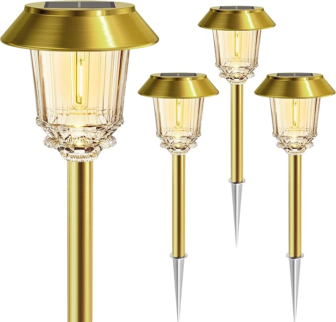 Solar Lights Outdoor Waterproof,4 Pack Gold Pathway Lights with 10-40 LM Dimmable Glass and Metal, Solar Powered Garden Decor for Yard,Patio,Pathway,Driveway Fall Decoration(Warm White)