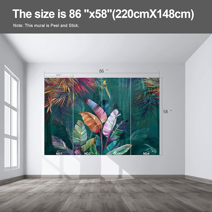 Colorful Banana Leaf Wall murals Peel and Stick Wallpaper for Bedroom Living Room - 58"x86"