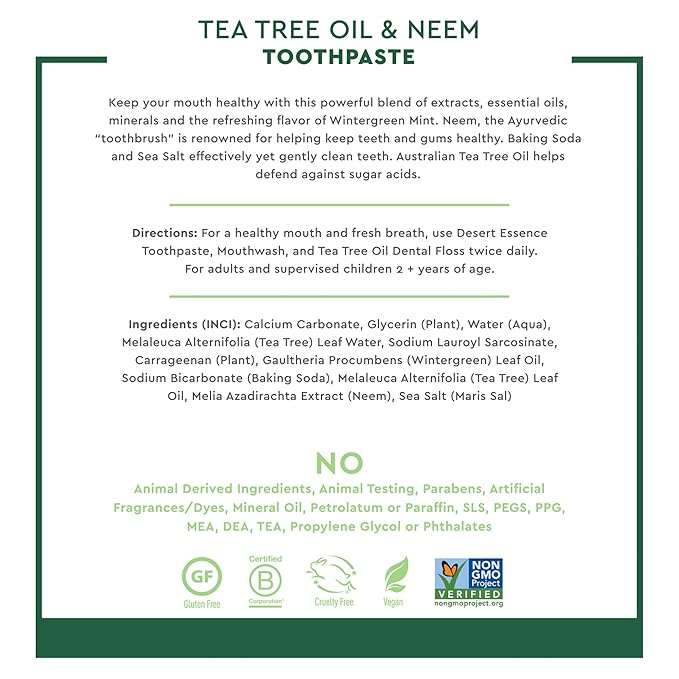 Desert Essence Tea Tree Oil & Neem Toothpaste - Fluoride-Free, Gluten-Free, SLS Free Formula - Vegan, Herbal Toothpaste for Plaque Reduction - Wintergreen Flavor, 6.25 oz
