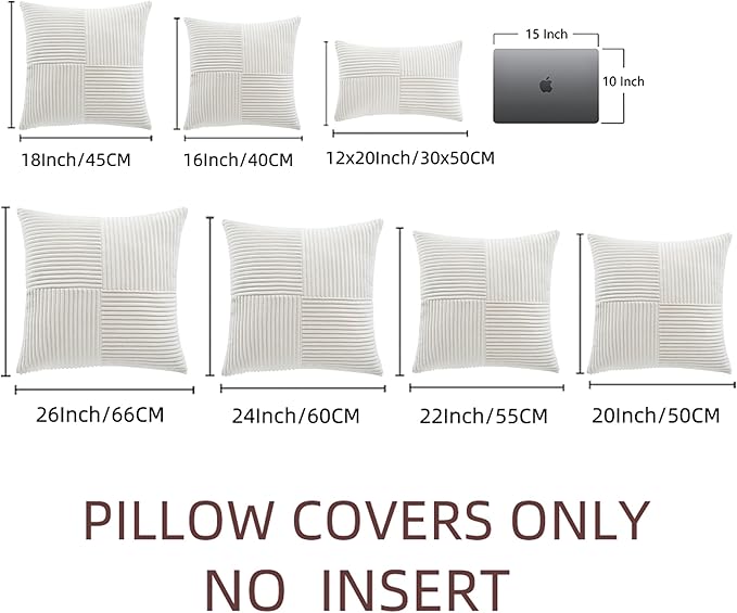 Fancy Homi 2 Packs Cream White Big Decorative Throw Pillow Covers 24x24 Inch for Living Room Couch Bed, Farmhouse Boho Home Decor, Soft Corss Corduroy Patchwork Accent Square Cushion Case 60x60 cm