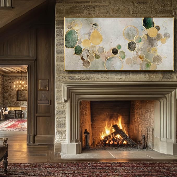 Abstract Canvas Wall Art Gold Circle Painting Green Artwork Framed Wall Prints 29"x 58" Office Wall Decor Colorful Pictures for Living Room Bedroom