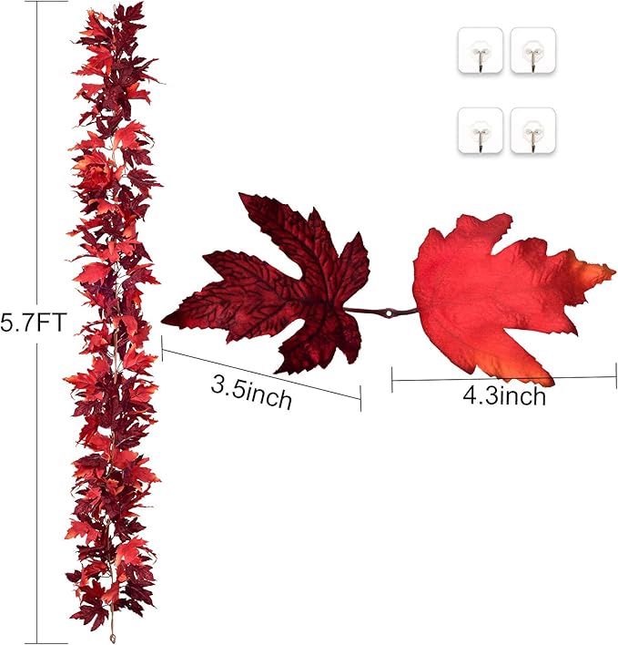 DearHouse 2 Pack Fall Garland Maple Leaf, 5.9Ft/Piece Hanging Vine Garland Artificial Autumn Foliage Garland Thanksgiving Decor for Home Wedding Fireplace Party Christmas (Dark Red)