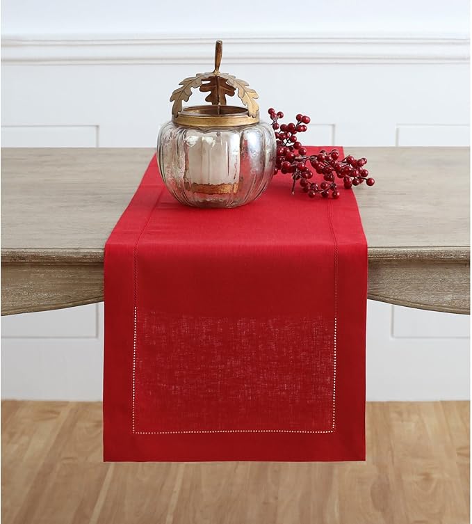 Solino Home Linen Red Table Runner 36 Inches - Classic Hemstitch, 100% Pure Linen Coffee Table Runner 14 x 36 Inch Ideal for Dresser Tables