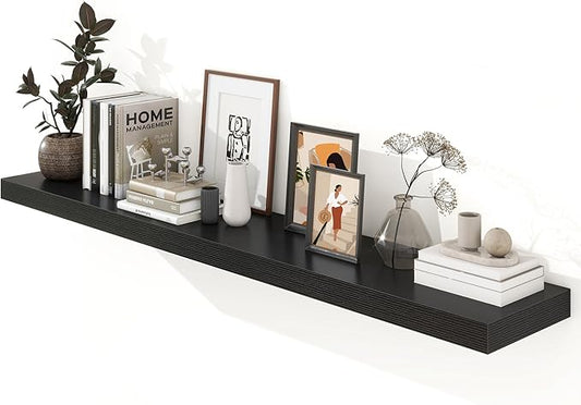Black Floating Shelves for Wall - 72 Inch Wide x 12 Inch Deep Wall Shelves Set of 1 - Rustic Black Wood Shelves for Living Room, Bathroom, Laundry Room, Bedroom, Kitchen, Home Office