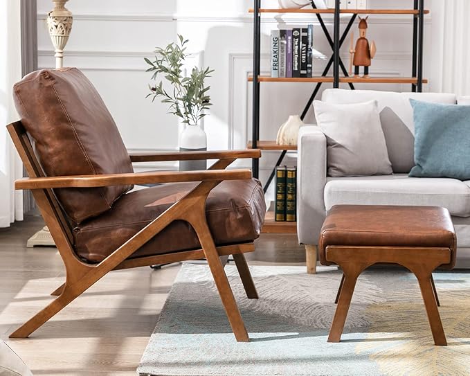 Mid Century Modern Accent Chair with Ottoman, Farmhouse PU Upholstered Living Room Armchair and Ottoman Set, 23" Seat Wide Retro Leisure Lounge Chair with Wood Frame for Home, Bedroom, Office, Brown