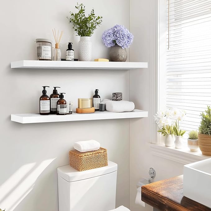 36"x6.8"x1.2" Solid Wood Floating Shelves 2-Pack - Rustic White Finish with Hidden Brackets, Perfect for Storage and Décor in Living Room, Kitchen, Bedroom