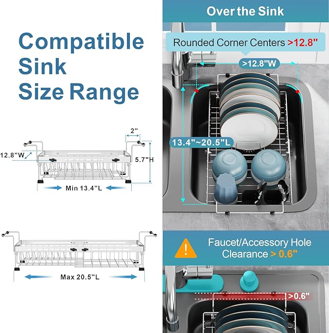GSlife Expandable in Sink Dish Drying Rack - Stainless Steel Capacity Adjustable Over The Sink Dish Rack (13.4''-20.4''), Dish Drainer for Kitchen Sink Counter with Utensil Holder, Silver