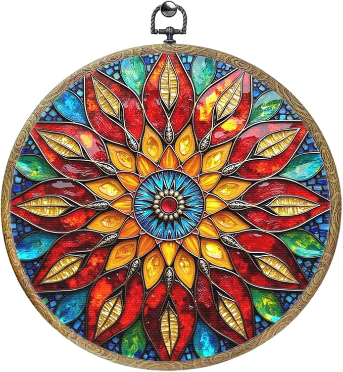 Colorful Geometric Mandala Framed Round Wall Decor Canvas Wall Art Hanging Prints Artwork for Home Office Kitchen Nursery Bedroom Living Room Porch Garden Birthday Decorations 10.2X10.2 Inch