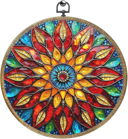 Colorful Geometric Mandala Framed Round Wall Decor Canvas Wall Art Hanging Prints Artwork for Home Office Kitchen Nursery Bedroom Living Room Porch Garden Birthday Decorations 10.2X10.2 Inch