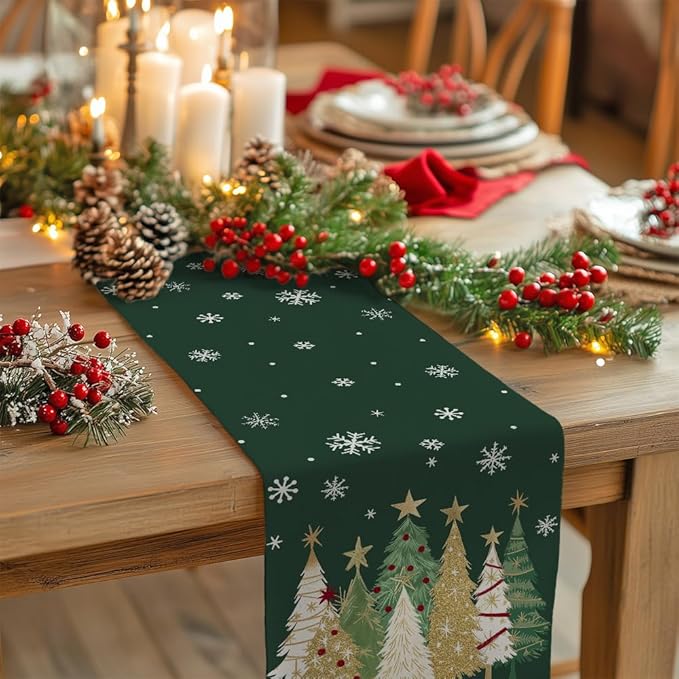 GEEORY Christmas Table Runner 13x108 Inch, Xmas Trees Snowflakes Holiday Decorative Farmhouse Table Decoration for Kitchen Dinning, Indoor Outdoor Dinner Party Decor (Green) GT152-108
