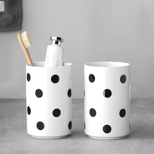Black Polka Dot Ceramic Toothbrush Holders White - 2 Cups Toothbrush Holders for Bathrooms Toothbrush Toothpaste Holders, White Bathroom Tumbler Cups, Reusable Toothbrush Cups