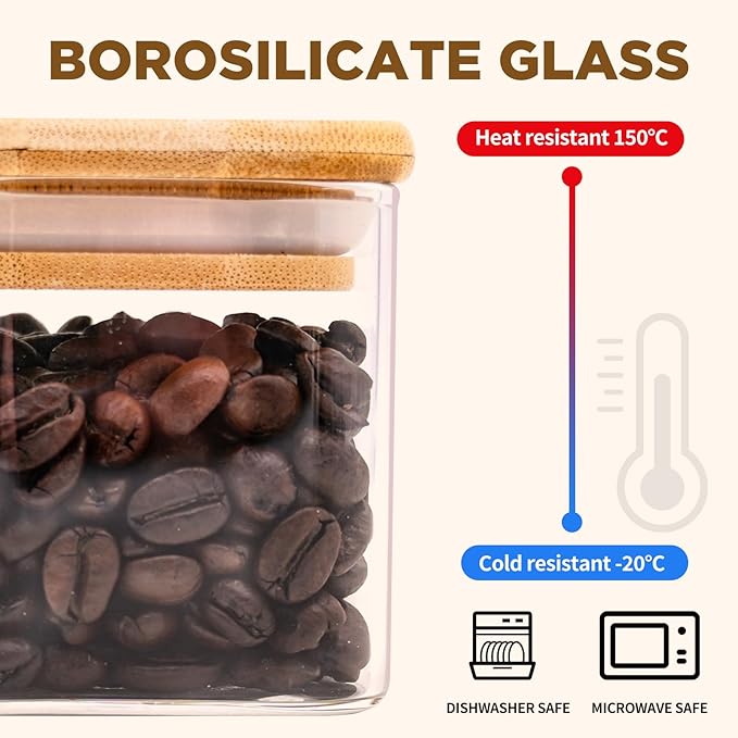Glass Food Storage Jars Square 24oz, 4 Pack Glass Jars With Bamboo Lids, Kitchen Storage Containers For Spice, Candy, Cookie, Storage For Pantry Organizers