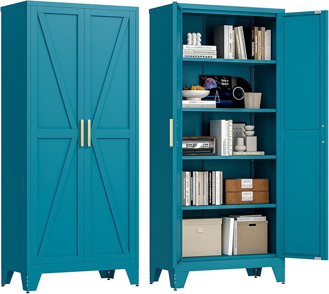 71'' Farmhouse Metal Storage Cabinet with Barn Doors,Steel File Cabinet for Home Office,Kitchen Pantry 4 Adjustable Shelves,Freestanding Cupboard for Kitchen,Home Office (Peacock Blue)