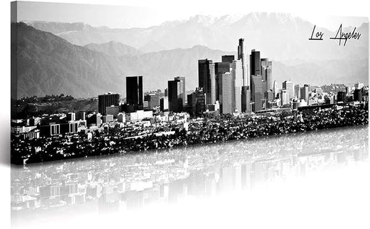 DJSYLIFE Los Angeles Skyline Wall Art Black and White USA Panoramic Cityscape Picture Canvas Prints Artwork for Bedroom Men Room Office Decoration Painting Ready to Hang 13.8"x47.3"