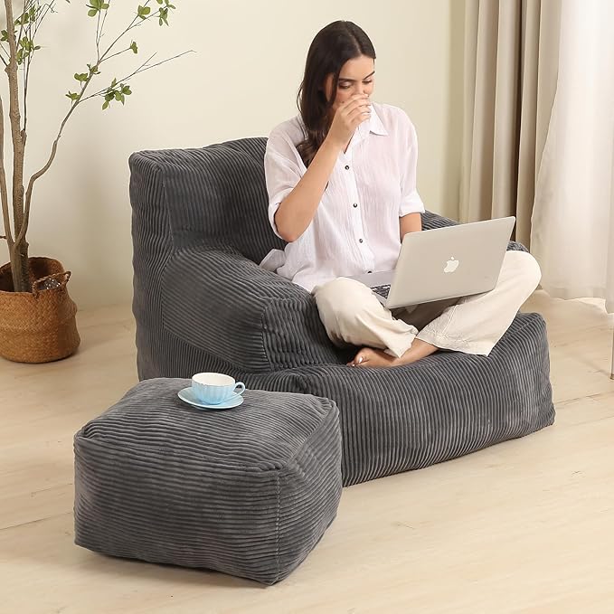 Comfy Gaint Bean Bag Chair with Ottoman, Huge Bean Bag Armchair for Adults and Teens, Dark Grey