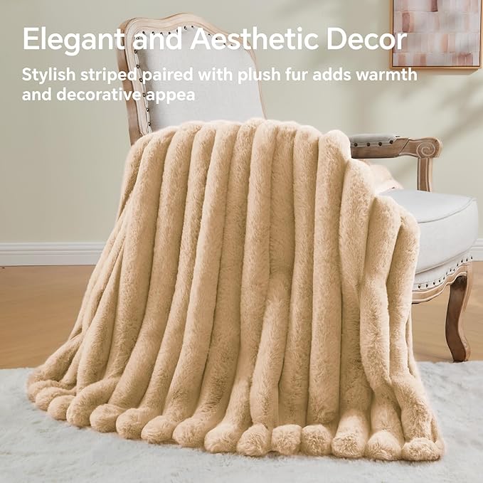 BEDELITE Faux Fur Throw Blanket for Couch, Soft and Cozy Luxurious 3D Striped Fluffy Blanket, 770GSM Thick Warm Plush Fuzzy Faux Rabbit Fur Blanket for Women Gift (Brown, 60"x 80")