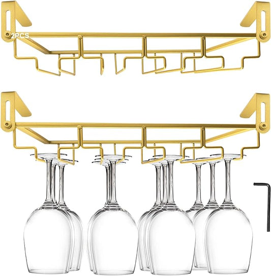 AUHOKY Adjustable Wine Glass Holder Under Shelf, Nail Free Metal Stemware Holder Storage Hanger, Hanging Wine Glasses Rack Organizer Under Cabinet Mount for Bar Kitchen (4 Rows, Gold)
