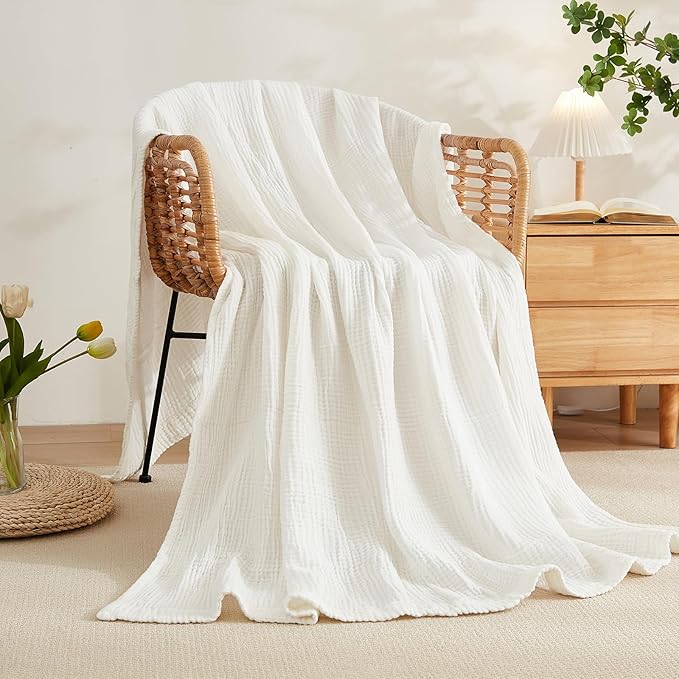 EMME Cotton Blanket for Couch Breathable Gauze All Season Soft and Lightweight Muslin White Throw Blankets for Adults (White, 50"x70")