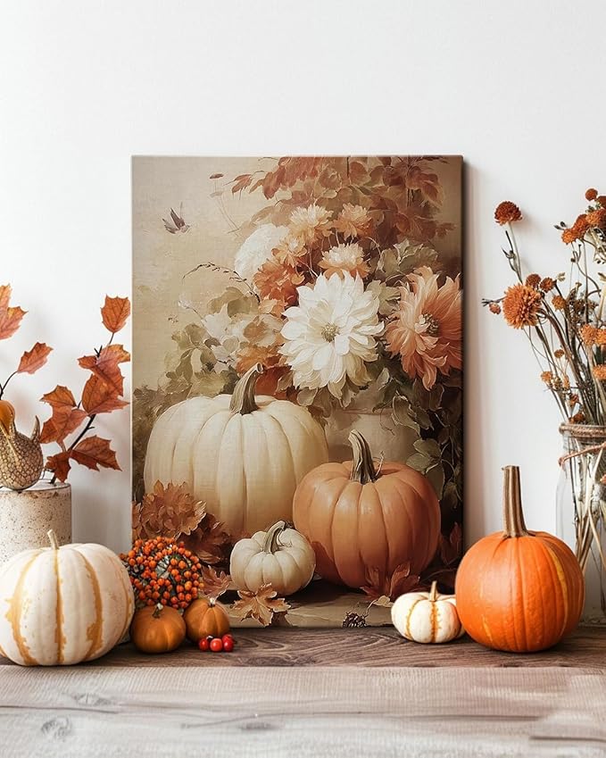 AbcCustomize Vintage Pumpkin Floral Wall Art Decor, Rustic Fall Daisy Flowers Canvas Print for Farmhouse Autumn Decor, Thanksgiving Decorations for Living Room Kitchen Dining Room, Ready to Hang