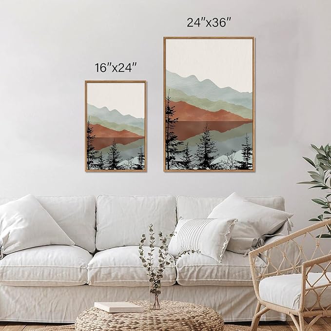 Tinonedraw Boho Mountain Framed Canvas Wall Art Set, Watercolor Nature Landscape Wall Decor, Black Pine Trees Forest Artwork, Neutral Modern Sunrise Art Prints for Living Room Bedroom Office 24"x36"x3