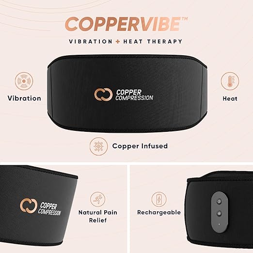 Copper Compression CopperVibe Vibration + Heat Therapy Back Wrap Vibrating Heating Massager Pad for Lower Back Pain Relief, Lumbar Muscles, Herniated Disc - Treatment Brace Device for Women & Men