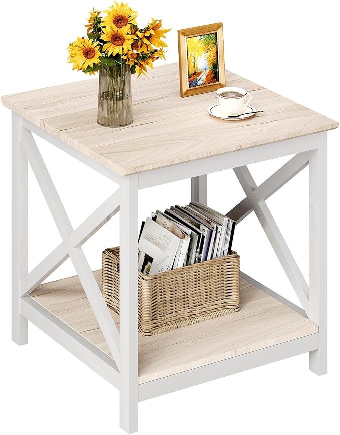 ChooChoo End Table, 24 Inch End Table with 2-Tier Storage Shelf, Side Table for Living Room, Wood Nightstand for Bedroom, Office, Oak