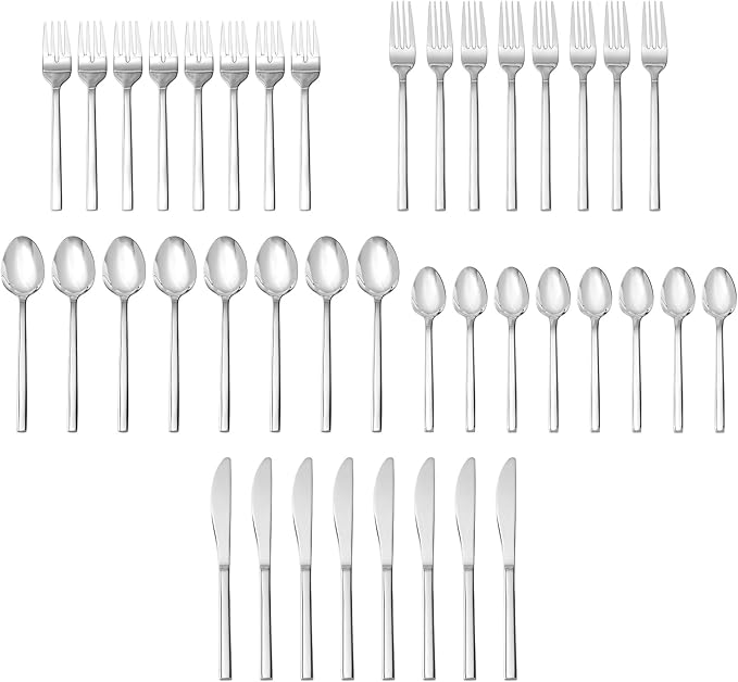 Fortessa Arezzo 18/10 Stainless Steel Flatware, 40 Piece Place Setting (Service for 8), Silver