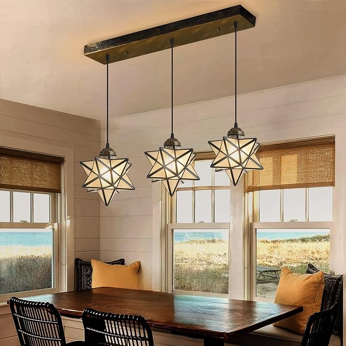 Farmhouse Frosted White Glass Chandelier 3 Lights Star Pendant Lights for Dining Table Kitchen Island Modern Ceiling Hanging Lights Included LED Warm Light Bulbs Oiled Bronze