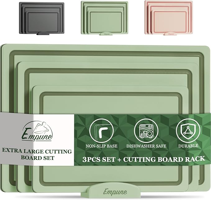 Empune Plastic Cutting Board Set, Recycled Plastic Cutting Boards for Kitchen (Set of 3), Dishwasher Safe Large Chopping Board with Holder, Non-slip Feet and Juice Grooves, Nonporous, Green